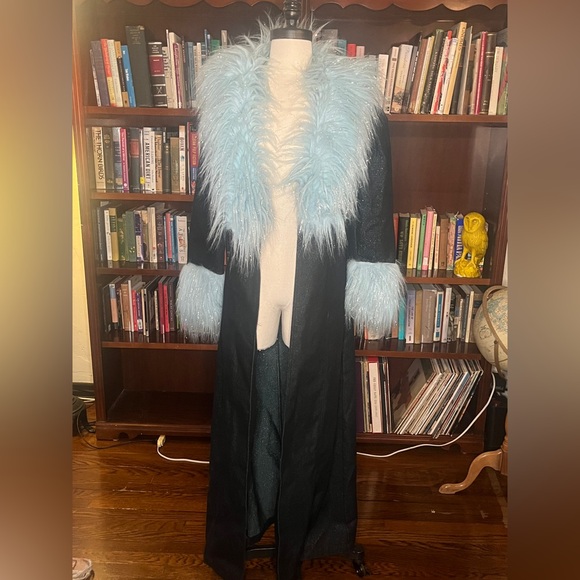 Vintage Faux Fake Fur Blue Denim Long Duster Coat 90s Y2K - Picture 6 of 13